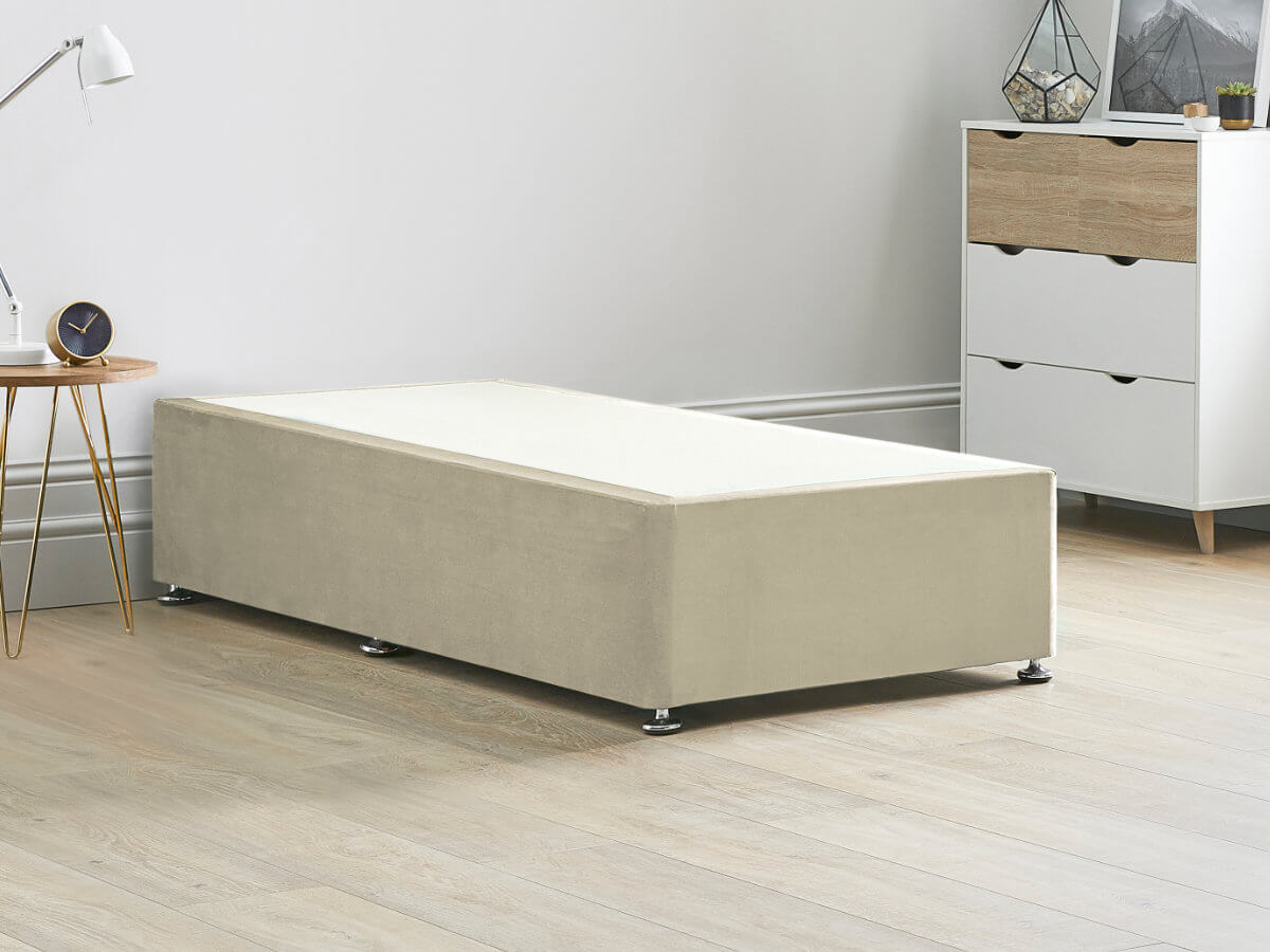 View Reinforced Divan Bed Base 26 Small Single Stone Cream Heavy Duty Solid 18mm Sides Top Base 16 41cm Base Height information