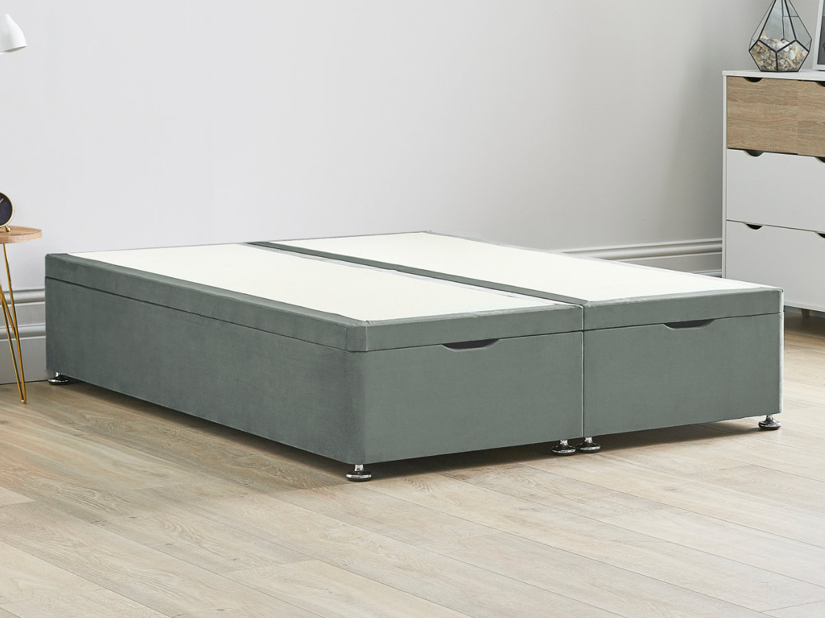 View Ottoman End Lift Divan Bed Base 40 Small Double Platinum Grey Solid Sides Top Base Fixed Chrome Glide Feet information