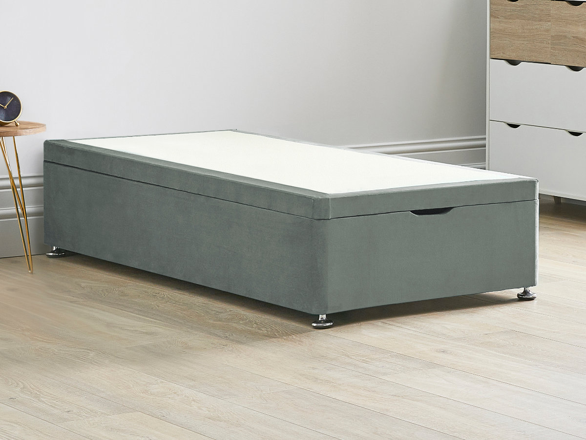 View Ottoman End Lift Divan Bed Base 30 Single Platinum Grey Solid Sides Top Base Fixed Chrome Glide Feet information
