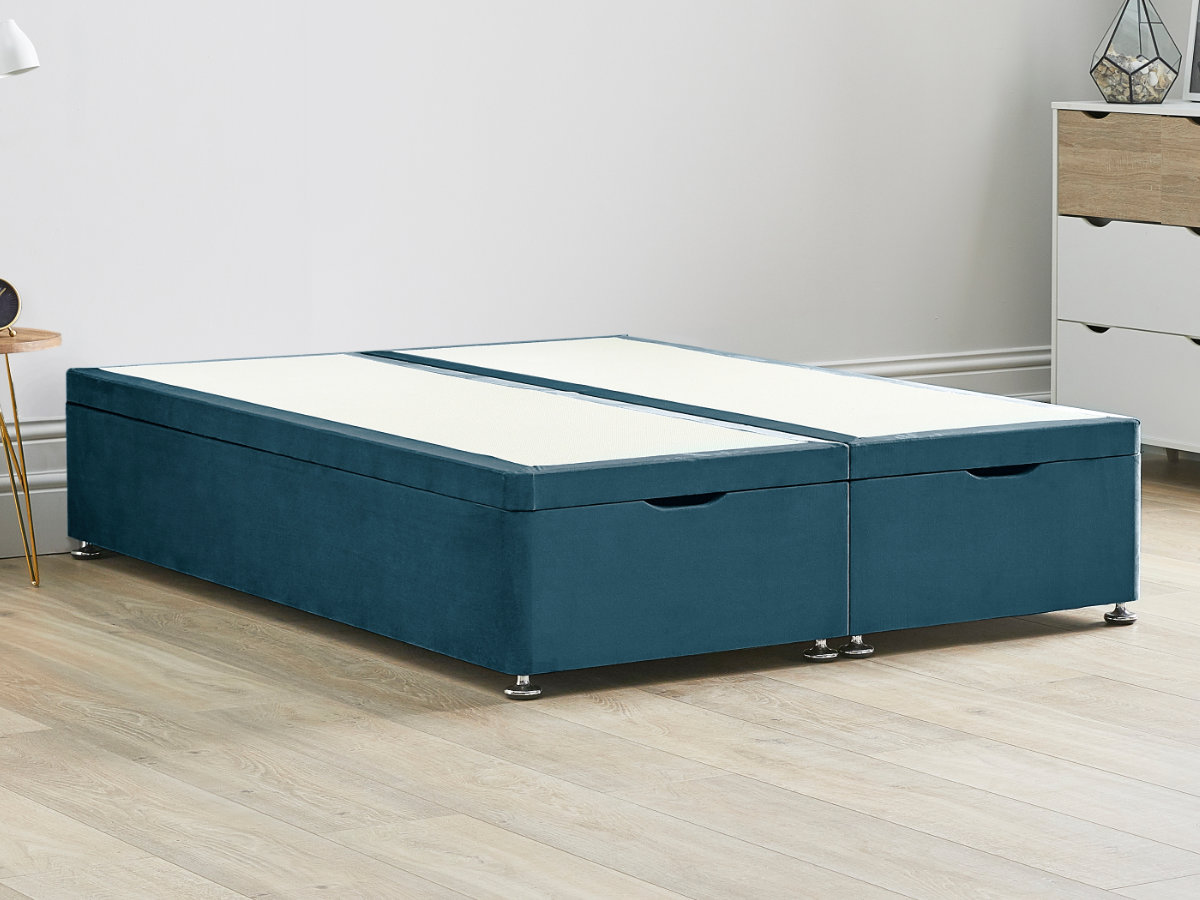 View Ottoman End Lift Divan Bed Base 50 King Duckegg Blue Solid Sides Top Base Fixed Chrome Glide Feet information