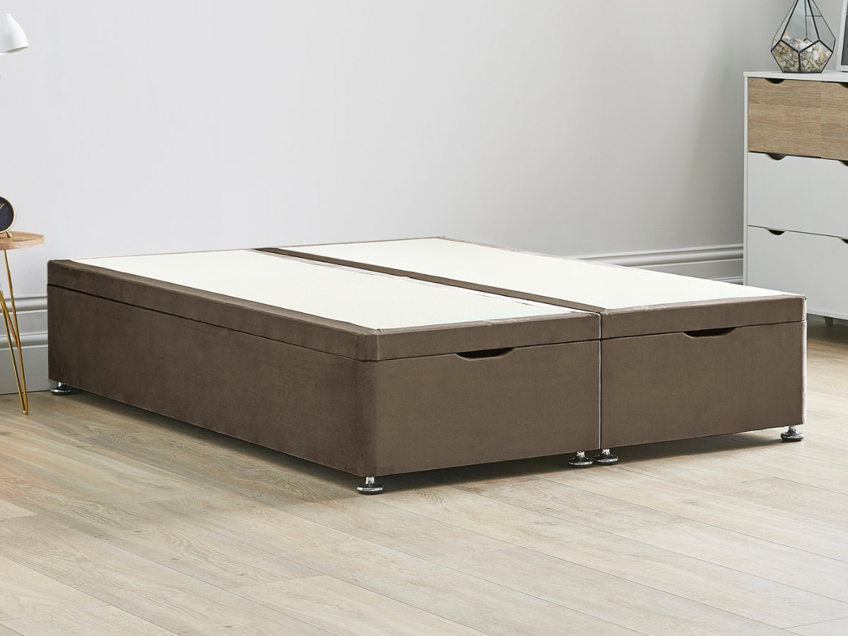 View Ottoman End Lift Divan Bed Base 40 Small Double Mocha Brown Solid Sides Top Base Fixed Chrome Glide Feet information