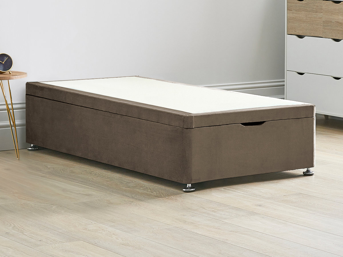 View Ottoman End Lift Divan Bed Base 30 Single Mocha Brown Solid Sides Top Base Fixed Chrome Glide Feet information