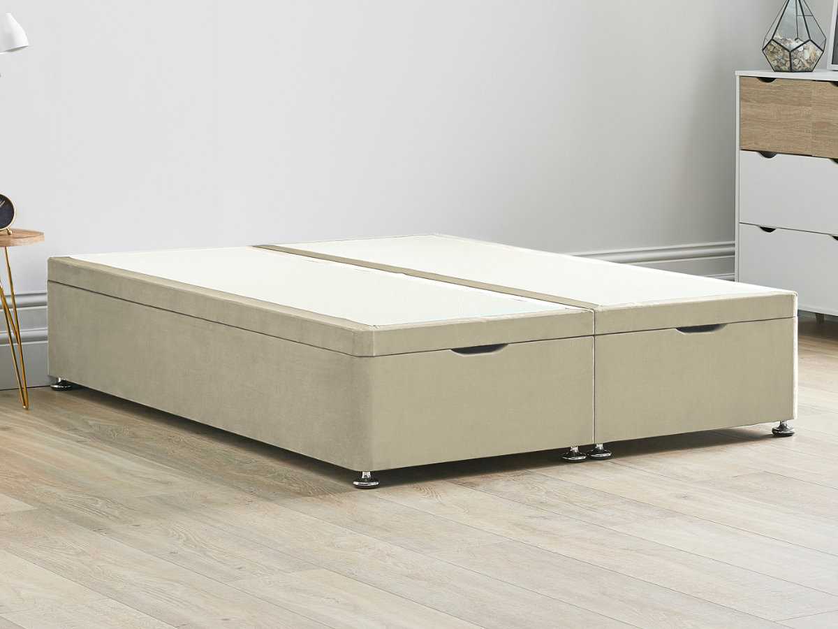 View Ottoman End Lift Divan Bed Base 50 King Stone Cream Solid Sides Top Base Fixed Chrome Glide Feet information