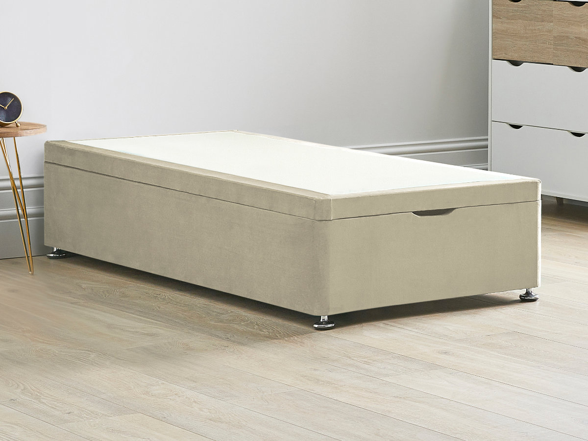 View Ottoman End Lift Divan Bed Base 30 Single Stone Cream Solid Sides Top Base Fixed Chrome Glide Feet information
