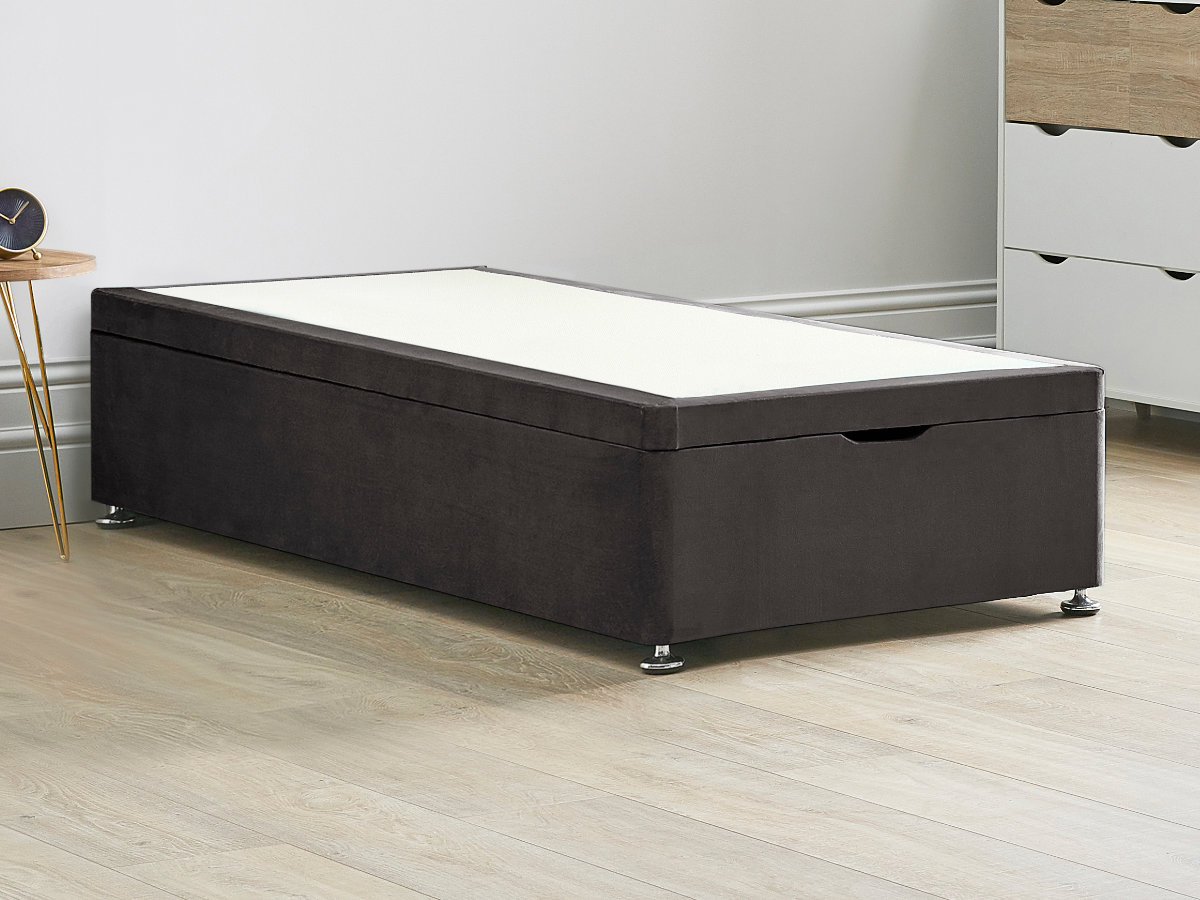 View Ottoman End Lift Divan Bed Base 30 Single Truffle Brown Solid Sides Top Base Fixed Chrome Glide Feet information
