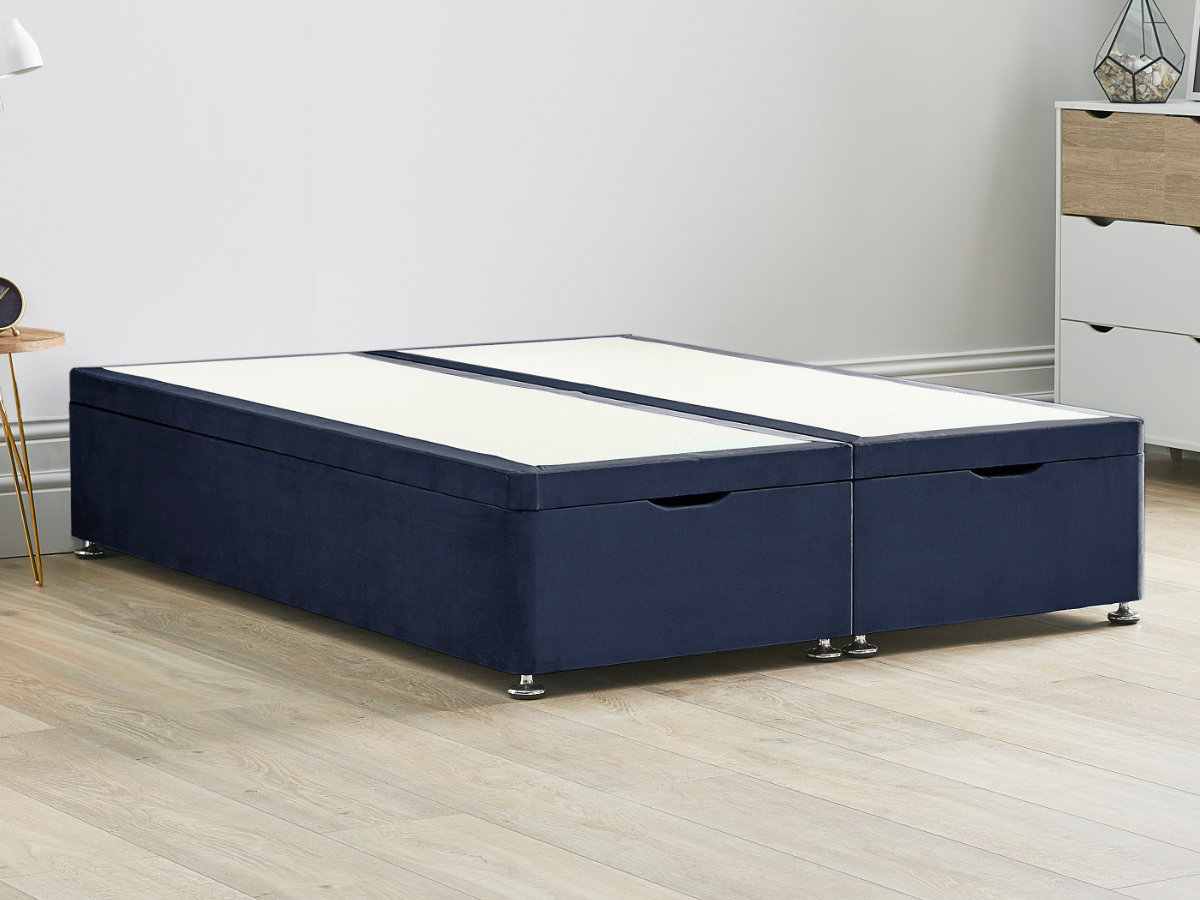 View Ottoman End Lift Divan Bed Base 60 Super King Sapphire Blue Solid Sides Top Base Fixed Chrome Glide Feet information