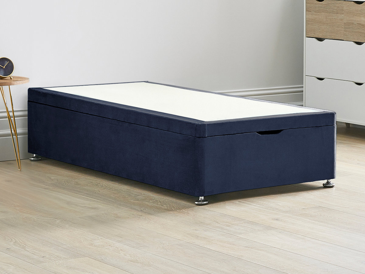 View Ottoman End Lift Divan Bed Base 30 Single Sapphire Blue Solid Sides Top Base Fixed Chrome Glide Feet information