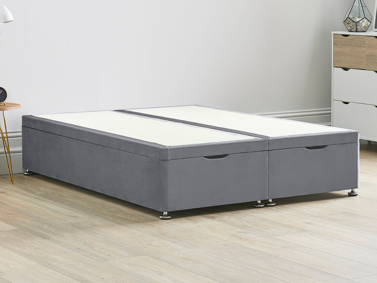 View Ottoman End Lift Divan Bed Base 46 Double Grey Solid Sides Top Base Fixed Chrome Glide Feet information