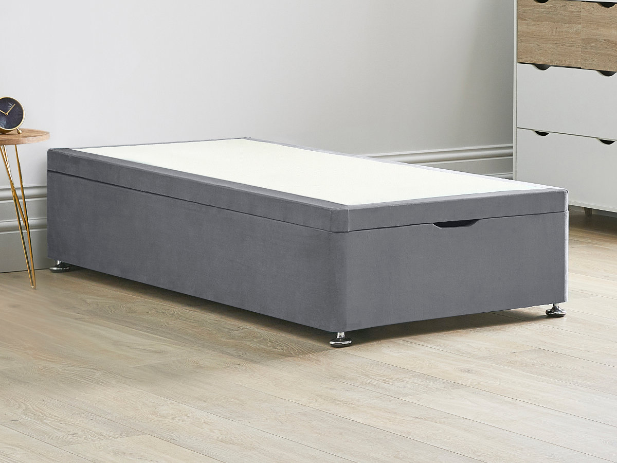 View Ottoman End Lift Divan Bed Base 30 Single Grey Solid Sides Top Base Fixed Chrome Glide Feet information