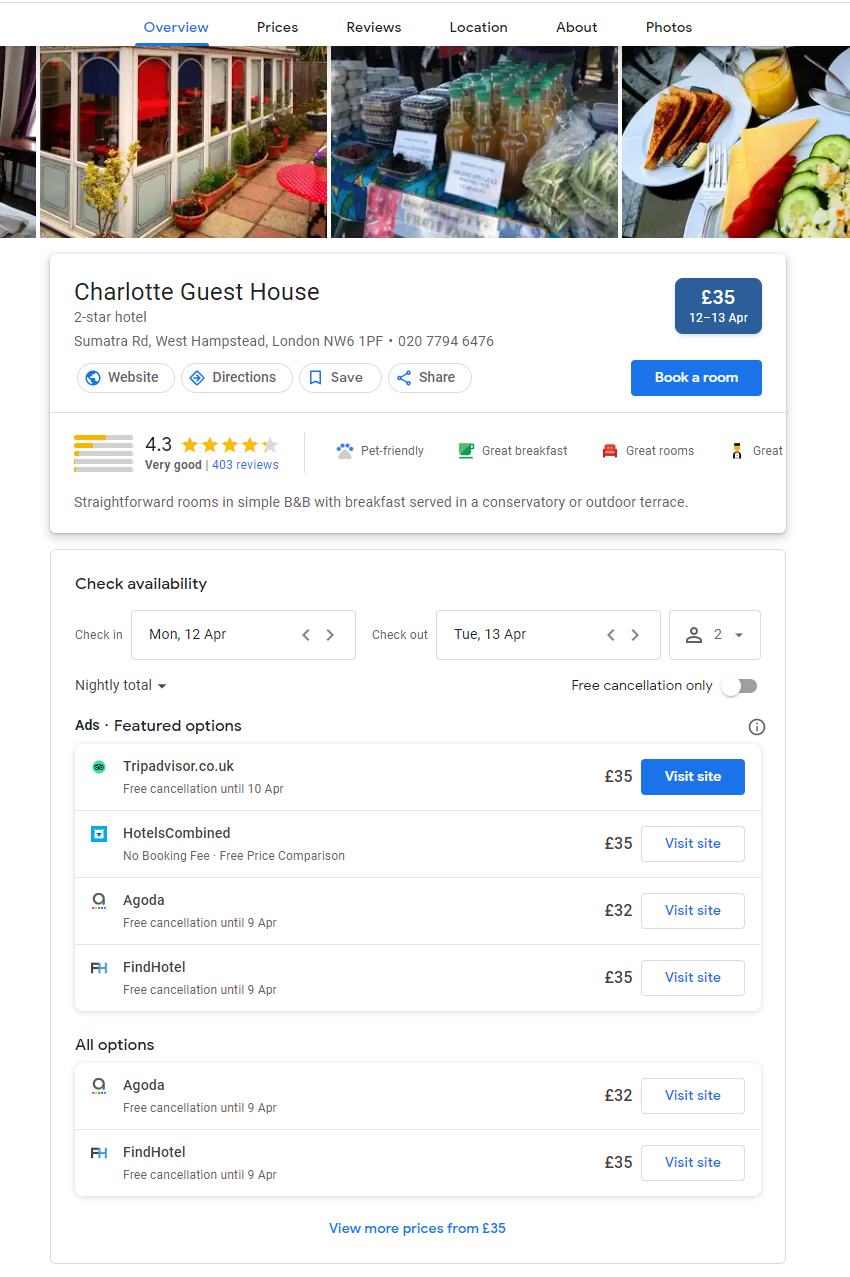 Google Hotel Ads example