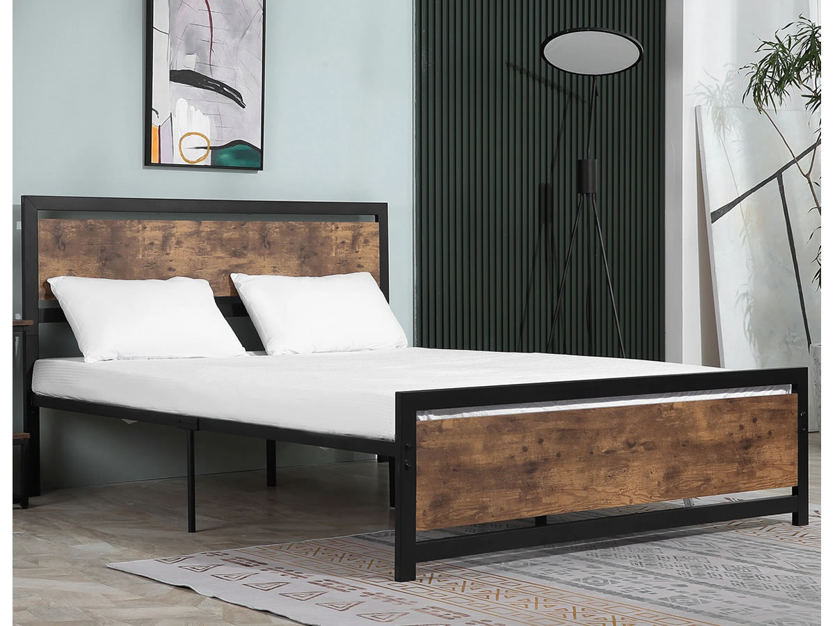 View Black Double Sturdy Steel Metal Bedframe With Vintage Rustic Wooden Headboard Footboard Available In Three Sizes Ashley information