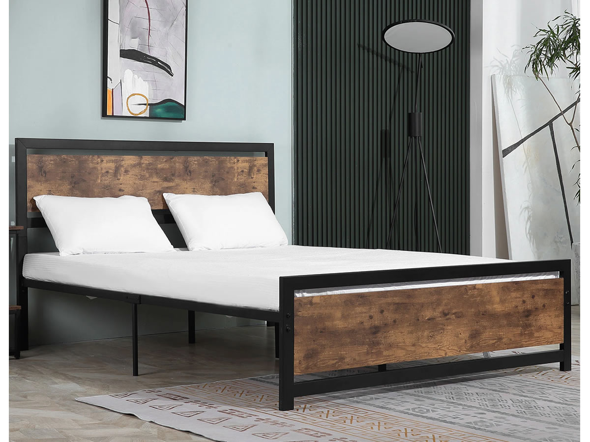 View Black Kingsize Sturdy Steel Metal Bedframe With Vintage Rustic Wooden Headboard Footboard Ashley information