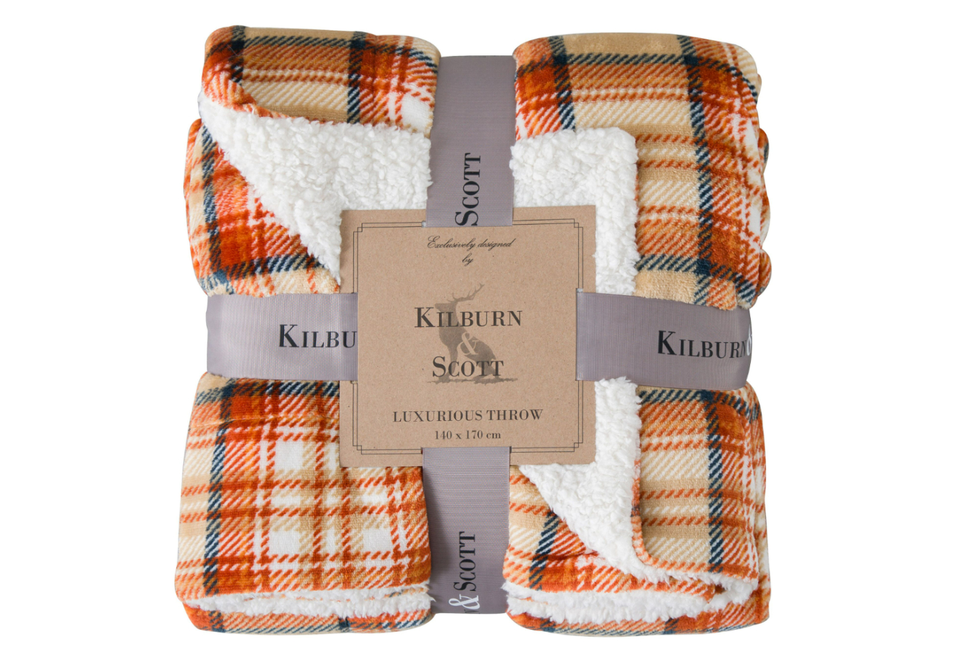 View Burnt Orange Checked Printed Sherpa Throw Moorland 1700 x 1400mm information