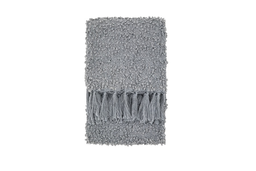 View Grey Bologna Boucle Texture Woven Throw With Fringe Finish Made From 100 Polyethylene 1300 x 1700mm information
