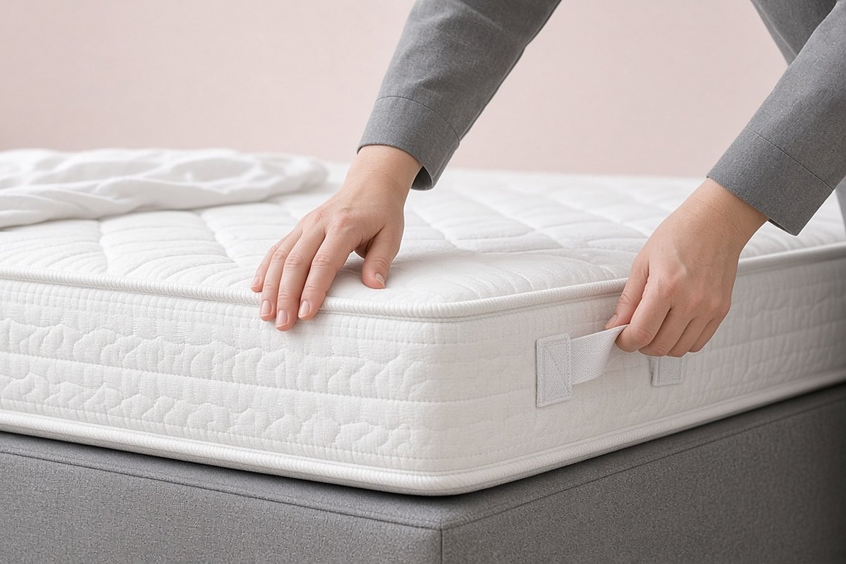 Hands checking the edge and side handle of a quilted mattress on a divan base