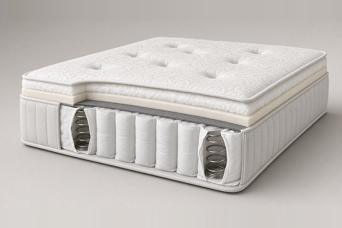 Cut-away view of a pocket sprung mattress showing individual springs, filling layers and a stitched border
