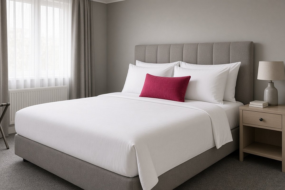 Hotel bedroom with a freshly made bed, white bedding and a grey upholstered headboard